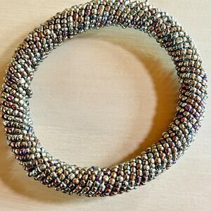 Mesh Beaded Bangle Bracelet Spiral Design Metallic Beads Gunmetal Retro Boho‎